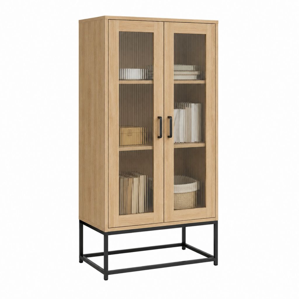 Vitrine mit 2 Glastüren Eiche Natur Schwarz MDF Stahl 80 x 40 x 160 cm