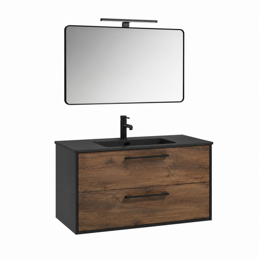 Badmöbel Set mit Waschtischunterschrank Waschbecken Spiegel LED-Leuchte und Armatur Schwarz Braun Spanplatte 100 x 46 x 55 cm