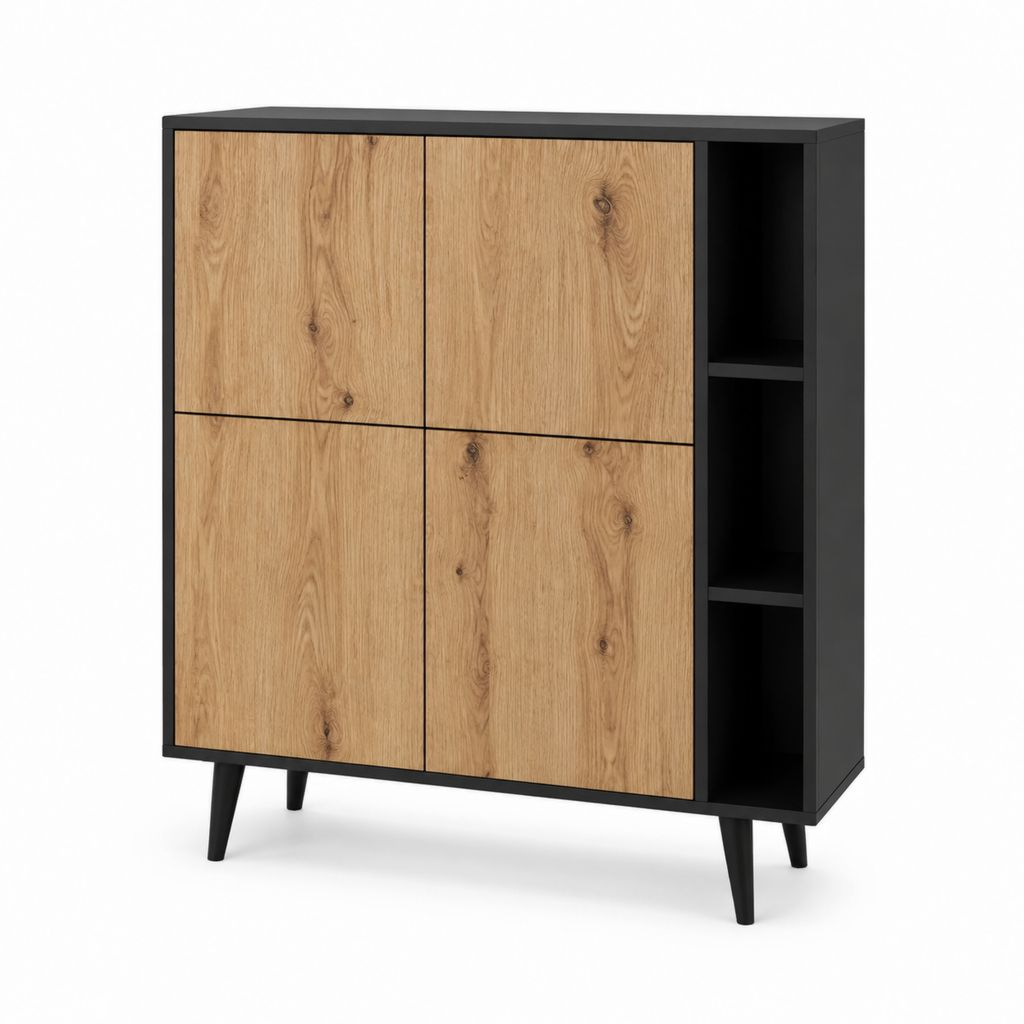 Highboard mit 4 Türen und offenen Fächern Eichefarben Schwarz Spanplatte rechteckig 100 x 40 x 120 cm