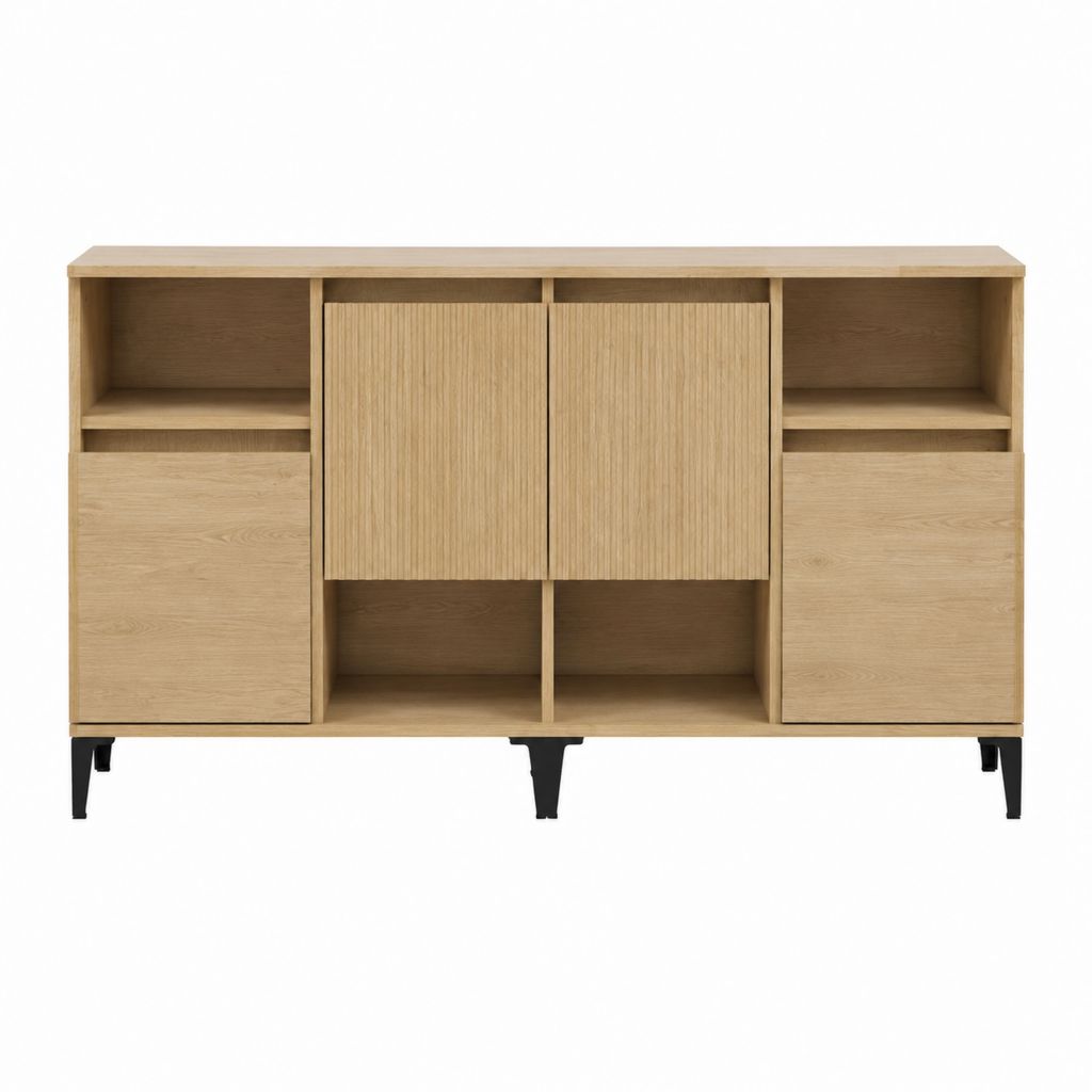 Sideboard 160 x 40 x 100 cm Eiche hell mit geriffelter MDF-Front und schwarzen Stahlfüßen