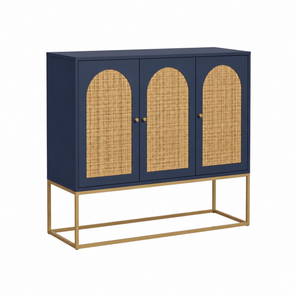 Sideboard mit 3 Türen Dunkelblau Rattan MDF Stahl 120 x 40 x 90 cm
