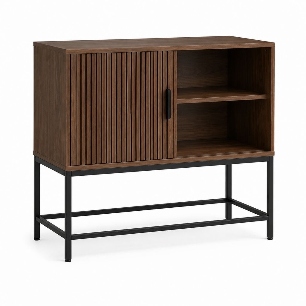 Sideboard Nussbaum Schwarz MDF und Stahl rechteckig 100 x 40 x 100 cm mit Schiebetür und offenen Fächern