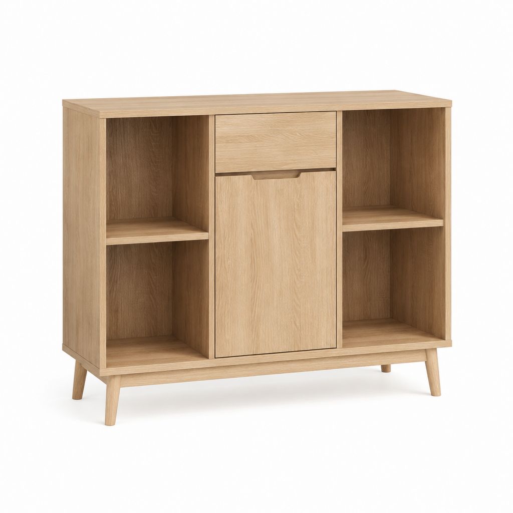 Sideboard Eichefarben aus Spanplatte mit 1 Tür 1 Schublade und offenen Fächern 100 x 40 x 90 cm