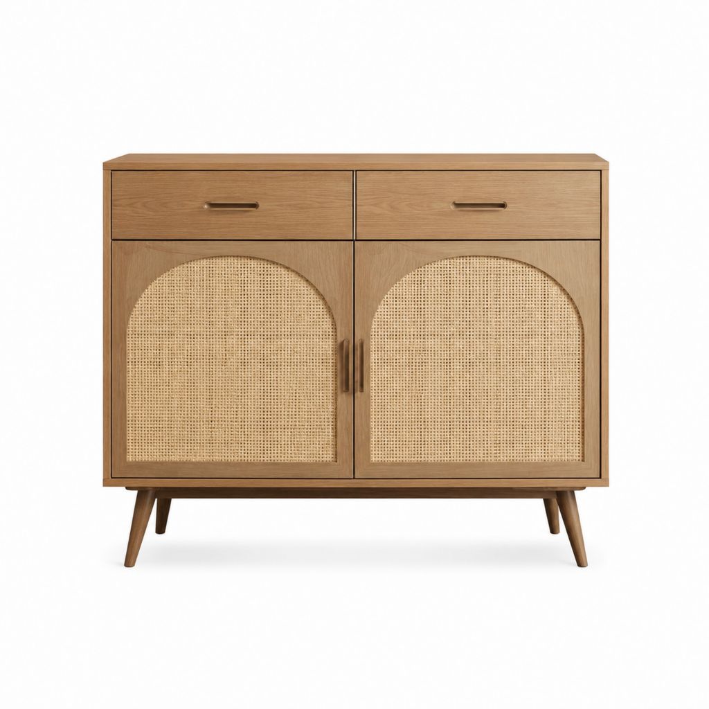 Sideboard mit 2 Türen und 2 Schubladen Eichenfurnier Rattan Naturbraun Rechteckig 100 x 40 x 90 cm