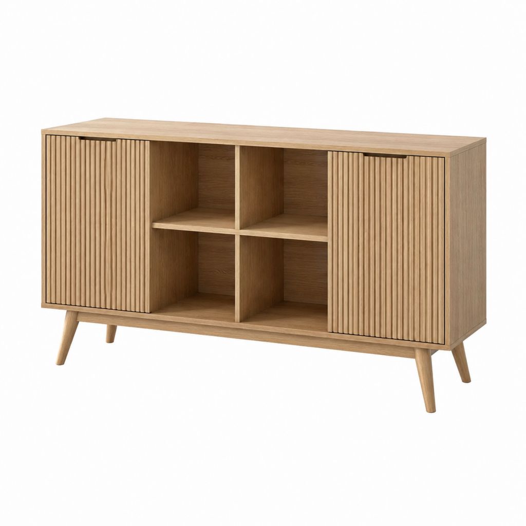 Sideboard Eiche hell aus MDF und Spanplatte rechteckig mit 2 Schiebetüren 4 offenen Fächern 120 x 40 x 75 cm
