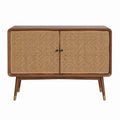 Sideboard mit 2 Türen aus massivem Walnussholz und Rattan 100 x 40 x 80 cm