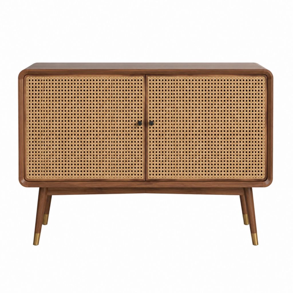 Sideboard mit 2 Türen aus massivem Walnussholz und Rattan 100 x 40 x 80 cm