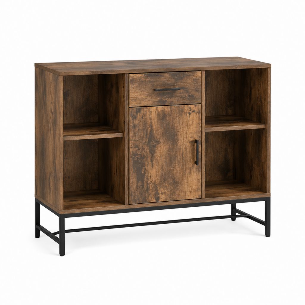 Sideboard Braun Schwarz aus Spanplatte und Stahl 120 x 40 x 90 cm mit Tür Schublade und offenen Fächern