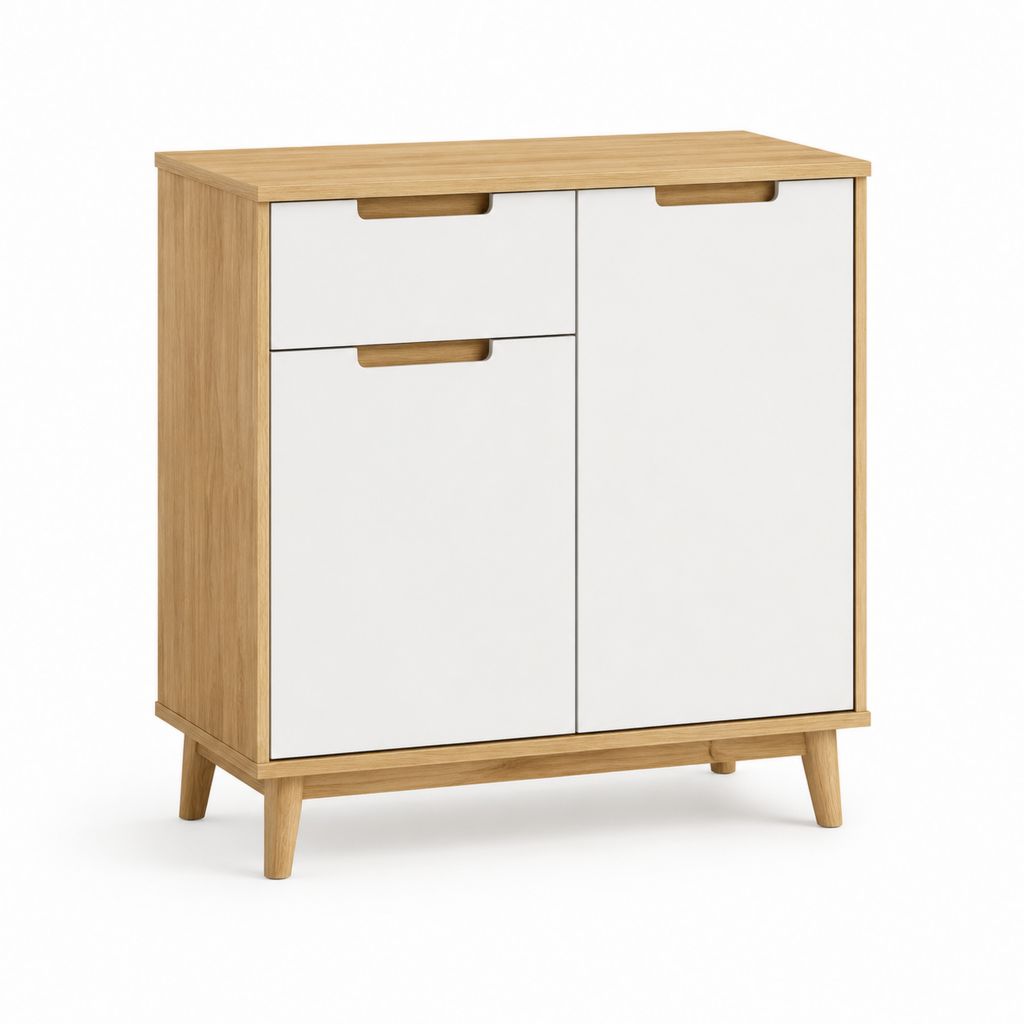 Sideboard Schrank Weiß Eicheoptik Spanplatte rechteckig mit 2 Türen 2 Schubladen 80 x 40 x 90 cm